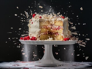 the cake shatters due to an explosion from inside