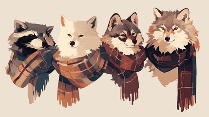 Naklejka premium 2d illustration of a raccoon wolf fox and owl bird all sporting stylish scarves