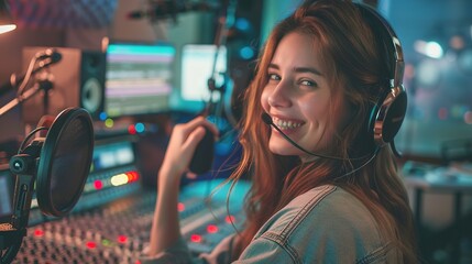 Young radio host working in the studio, she is smiling and broadcasting announcements