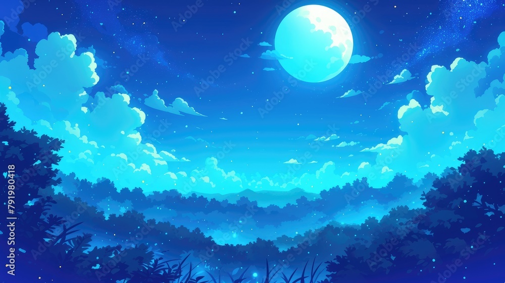 Canvas Prints nighttime scene with a lush green forest under a starry sky adorned with a big glowing moon and acco