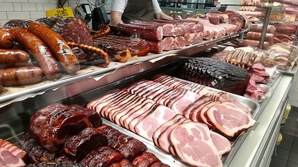 Food display case with various meats like bacon, sausages, ribs, and steak