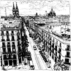 Fototapeta premium Black and White Line Art of Barcelona City, Simplistic Design
