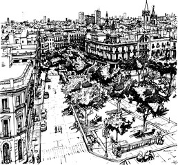 Illustration Print of Barcelona, Whimsical Skyline Sketch