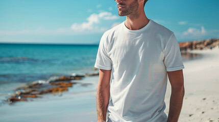 man on the beach in a white tshirt