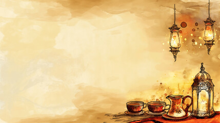 Oriental Banner Illustration: Lanterns and Tea Pots