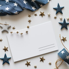 MEMORIAL DAY, INDEPENDENCE DAY, Veterans Day, American Flag, Stars, and Note Card on White Surface.
