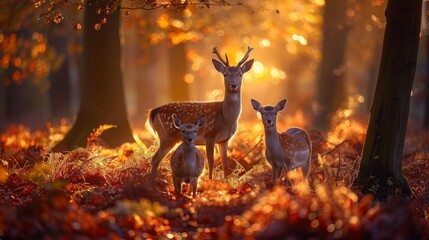   A herd of deer aligned on forest floor, surrounded by fall-hued grass and trees Bright sunlight permeated, illuminating leaves
