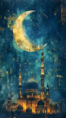 Oriental Banner Illustration: Mosque at Night Under the Moon