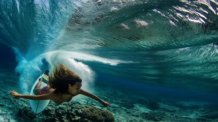 dynamic underwater scene of a young woman surfing under a wave