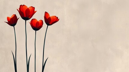   Three red tulips in a vase on a table against a white wall background
