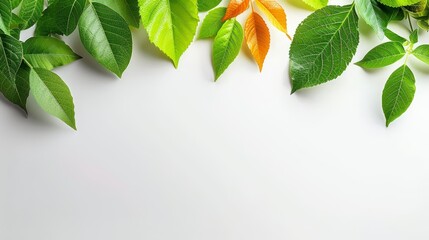   A pristine white background hosts a cluster of vibrant green leaves, allowing ample room for text below - obrazy, fototapety, plakaty