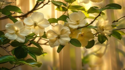   A tree branch displaying white blossoms against a window backdrop, adorned with green foliage and curtains