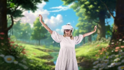 Excited smiling woman looking around by VR surround wonderful fairytale forest with maple falling...