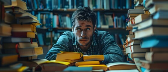 A man overwhelmed by books papers and time management struggles. Concept Workload Management, Stressful Organization, Time Crunch, Multitasking Challenges - obrazy, fototapety, plakaty