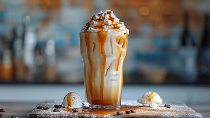 iced coffee with ice cream and glaze in a glass