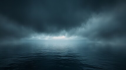   A large body of water lies beneath a cloudy sky In its center, a solitary boat floats Another boat is situated similarly in the middle distance