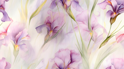 Artistic pattern of blooming irises, watercolor painting background, seamless print