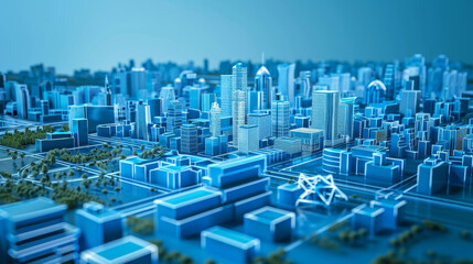A 3D rendering of a city made of blue translucent buildings.