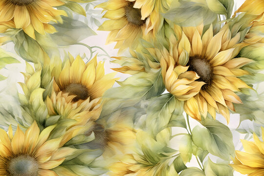 Yellow sunflowers wallpaper, floral arrangement on bright white background, seamless pattern of watercolor blossoms