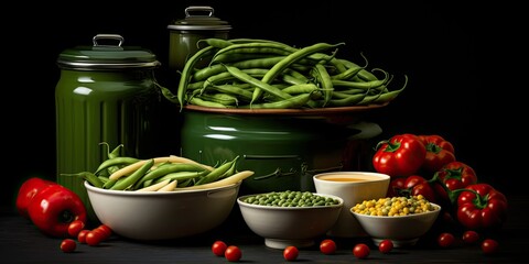 Composition with variety of fresh vegetables on wooden table against black background