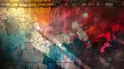 Surreal Intersection: Abstract Shapes Merging with a Weathered Brick Wall Bathed in Sunlight