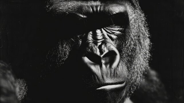   A monochrome image of a gorilla's face with its hands covering it