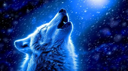   A wolf gazes at the moon with its mouth agape and wide-open eyes in the snowy backdrop
