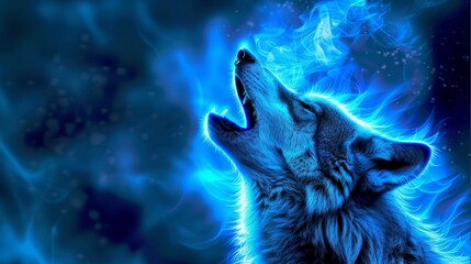   A wolf baring its teeth before a blue backdrop, emitting fire and smoke from its open maw