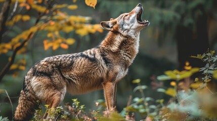   A wolf stands in the grass with its mouth widely open
