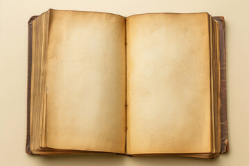 Old opened book with blank pages on neutral background. Top view. Mockup template book page with copy space for text