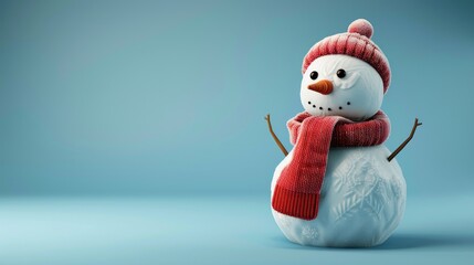 A whimsical cartoon snowman made from 2d clipart stands out against a serene blue background