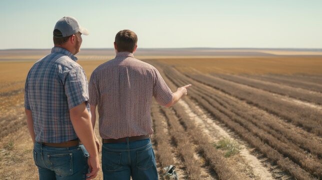 Two farmers chatting happily in the lush green grassland