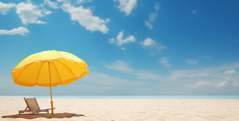 Fototapeta na wymiar yellow umbrella beach, tan sand сreated with Generative Ai