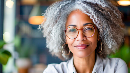 A woman with a short, curly gray hair is wearing glasses and smiling - Powered by Adobe