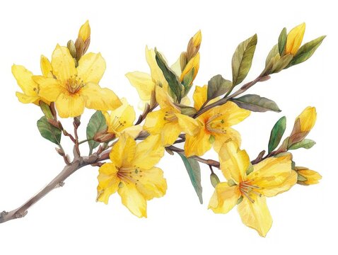Forsythia colorful flower watercolor isolated on white background