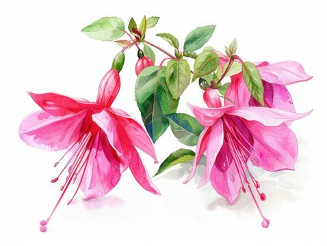 Fuchsia colorful flower watercolor isolated on white background
