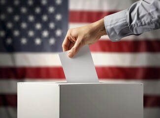 A hand casting a vote into a ballot box with a US flag in the background Generative AI