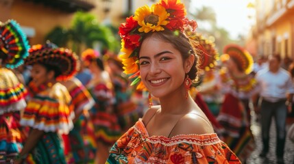 Vibrant Traditional Mexican Dancers at Cultural Festival. Cinco de Mayo festive holiday concept....
