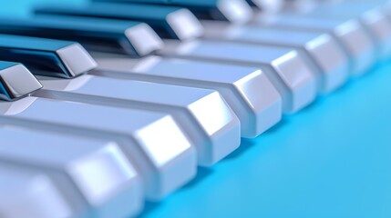   A tight shot of piano keys against a blue backdrop, with the keys'blurred reflections' appearing in the background