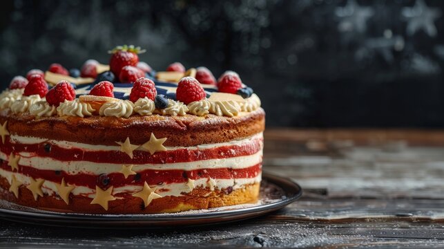 Patriotic American Flag Cake Design for Independence Day Celebration. Veterans Day, Memorial Day, Fourth of July Food Concept. Generative ai