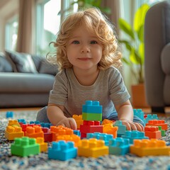 Young child amidst a sea of colorful building blocks