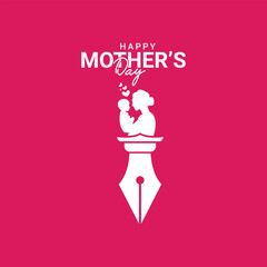 Mother's Day creative design for school college female teacher education study love and care with mom baby, Logo with pen happy mother and cute children heart love isolated, Vector illustration
