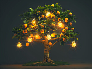 A tree with burning bulbs dangling instead of fruit. Copy space. Concept of ideas. - 791985234
