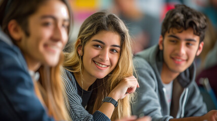 Close-up of a smiling female student engaged in a conversation.