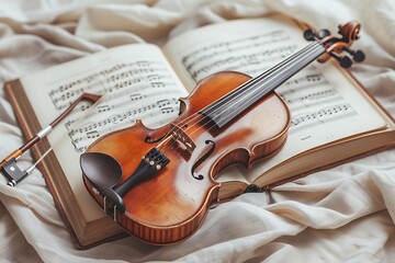 Fototapeta na wymiar Classical music. Violin lying on top of book about Beethoven and sheets of music .