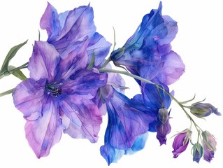 Larkspur colorful flower watercolor isolated on white background