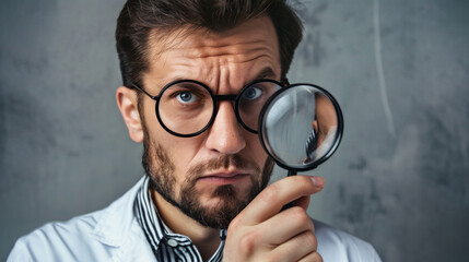 Inquisitive man with glasses using a magnifying glass for detailed investigation.