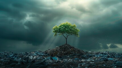 Lone tree on a barren hill under stormy skies with rays of light shining through - obrazy, fototapety, plakaty