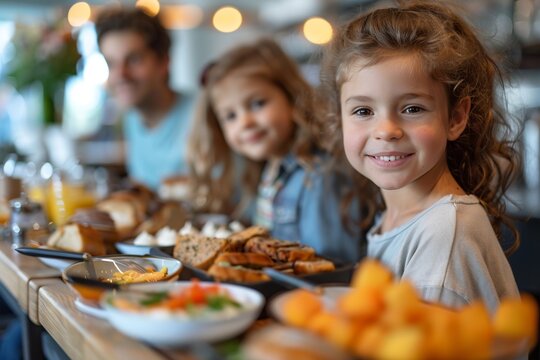 Delight in the joy as a happy kid and his sister have a wonderful time at a hotel buffet breakfast with their parents. Together, they create special memories amidst the delectable array of breakfast 