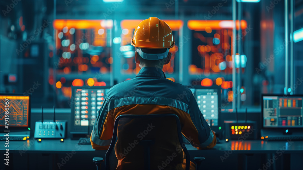 Poster engineer in helmet operating control panel in industrial environment.
